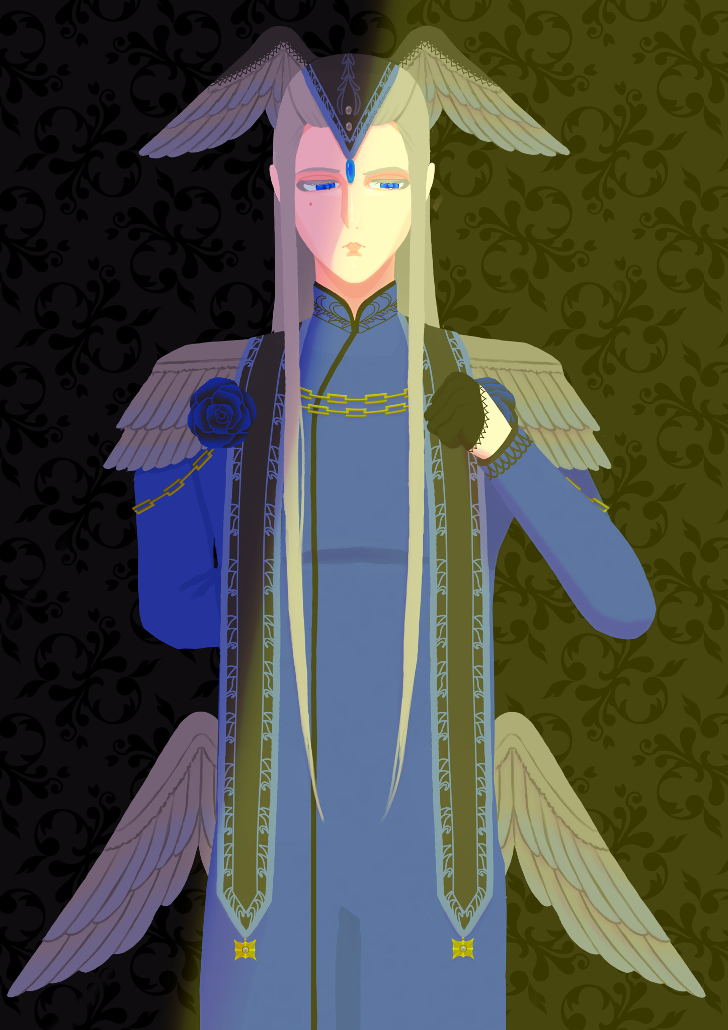 Half-body design of Achelous. He is standing with one hand behind his back and the other hand held to his chest in a fist. He is looking down with a neutral expression. Light cast over half of his body, leaving the other half in the dark.